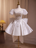 Ivory Beaded Lace Bow-Tie Homecoming Dress Puffed Sleeve Short Prom Dress hc303