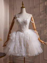 Ivory Beaded Lace Tiered Homecoming Dress Spaghetti Strap Pearl String hc300