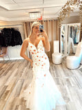 Ivory Floral Lace Mermaid Prom Dresses Spaghetti Strap Corset Back V-Neck 24062-Prom Dresses-vigocouture-Ivory-Custom Size-vigocouture