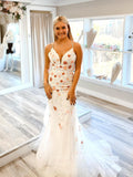 Ivory Floral Lace Mermaid Prom Dresses Spaghetti Strap Corset Back V-Neck 24062-Prom Dresses-vigocouture-Ivory-Custom Size-vigocouture