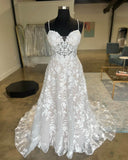 Ivory Lace Applique Sweetheart Wedding Dress Spaghetti Strap Country Bridal Gown w0165