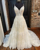 Ivory Lace Applique V-Neck Wedding Dress Spaghetti Strap Chapel Train Bridal Gown w0143-Wedding Dresses-vigocouture-Ivory-US2-vigocouture