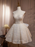 Ivory Lace Bow Tie Homecoming Dress Spaghetti Strap Open Back hc299-Prom Dresses-vigocouture-Ivory-Custom Size-vigocouture