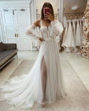 Ivory Lace Sheath Wedding Dress with Slit Long Puffed Sleeve Spaghetti Strap Bridal Gown W0150-Wedding Dresses-vigocouture-Ivory-US2-vigocouture