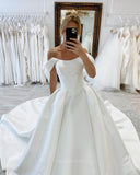 Ivory Off the Shoulder Satin Wedding Dress Chapel Train Outdoor Bridal Gown W0125-Wedding Dresses-vigocouture-Ivory-US2-vigocouture