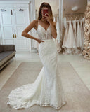 Ivory Spaghetti Strap V-Neck Wedding Dress Lace Applique Mermaid Bridal Gown w0151