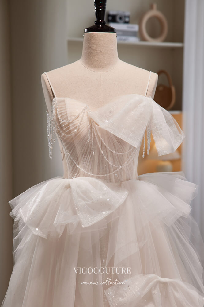 Ivory Sparkly Ruffled Prom Dress with Spaghetti Strap 22385-Prom Dresses-vigocouture-Ivory-Custom Size-vigocouture