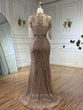 Khaki Beaded Mermaid Prom Dresses Short Sleeve Pageant Dress 24521-Prom Dresses-vigocouture-Khaki-US2-vigocouture