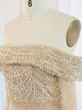 Khaki Beaded Sheath Prom Dresses with Overskirt Off the Shoulder Long Sleeve 24432-Prom Dresses-vigocouture-Khaki-US2-vigocouture