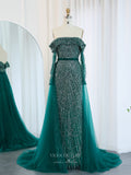 Khaki Beaded Sheath Prom Dresses with Overskirt Off the Shoulder Long Sleeve 24432-Prom Dresses-vigocouture-Green-US2-vigocouture