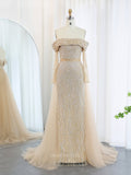 Khaki Beaded Sheath Prom Dresses with Overskirt Off the Shoulder Long Sleeve 24432-Prom Dresses-vigocouture-Khaki-US2-vigocouture