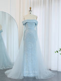 Khaki Beaded Sheath Prom Dresses with Overskirt Off the Shoulder Long Sleeve 24432-Prom Dresses-vigocouture-Light Blue-US2-vigocouture