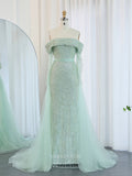 Khaki Beaded Sheath Prom Dresses with Overskirt Off the Shoulder Long Sleeve 24432-Prom Dresses-vigocouture-Light Green-US2-vigocouture