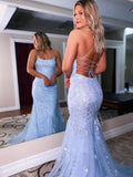 vigocouture-Lace Applique Mermaid Spaghetti Strap Prom Dress 20924-Prom Dresses-vigocouture-Light Blue-US2-