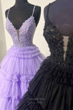 Lace Applique Tiered Ruffled Prom Dresses Spaghetti Strap Plunging V-Neck 24337-Prom Dresses-vigocouture-Black-Custom Size-vigocouture