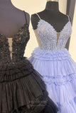 Lace Applique Tiered Ruffled Prom Dresses Spaghetti Strap Plunging V-Neck 24337-Prom Dresses-vigocouture-Black-Custom Size-vigocouture