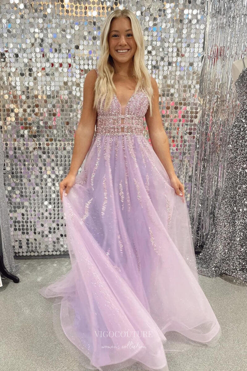 Lavender Beaded Sparkly Tulle Prom Dresses Sheer Bodice Plunging V-Neck 24196-Prom Dresses-vigocouture-Lavender-Custom Size-vigocouture