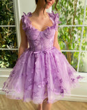 Lavender Butterfly Lace Homecoming Dress Spaghetti Strap Short Prom Dress 24492