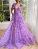 Lavender Butterfly Lace Prom Dresses with Pockets Spaghetti Strap Formal Gown with Slit 24490