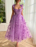 Lavender Butterfly Lace Prom Dresses with Pockets Spaghetti Strap Maxi Dress 24491
