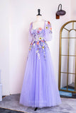 Lavender Floral Lace Applique Prom Dresses Half Sleeve Sheer Boned Bodice 24369-Prom Dresses-vigocouture-Lavender-Custom Size-vigocouture