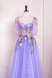 Lavender Floral Lace Applique Prom Dresses Half Sleeve Sheer Boned Bodice 24369-Prom Dresses-vigocouture-Lavender-Custom Size-vigocouture