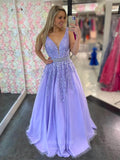Lavender Lace Applique Cheap Prom Dresses 2024 Beaded Waist Plunging V-Neck 24294-Prom Dresses-vigocouture-Lavender-Custom Size-vigocouture