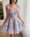 Lavender Lace Applique Homecoming Dress with Pockets Spaghetti Strap Floral Short Prom Dress 24477-Prom Dresses-vigocouture-Lavender-Custom Size-vigocouture