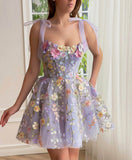 Lavender Lace Applique Homecoming Dress with Pockets Spaghetti Strap Floral Short Prom Dress 24477-Prom Dresses-vigocouture-Lavender-Custom Size-vigocouture
