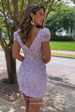 Lavender Lace Applique Homecoming Dresses Puffed Sleeve Bodycon Dress hc446-Prom Dresses-vigocouture-Lavender-Custom Size-vigocouture