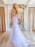 Lavender Lace Applique Mermaid Prom Dresses Spaghetti Strap V-Neck 24064-Prom Dresses-vigocouture-Lavender-Custom Size-vigocouture