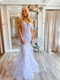 Lavender Lace Applique Mermaid Prom Dresses Spaghetti Strap V-Neck 24064-Prom Dresses-vigocouture-Lavender-Custom Size-vigocouture
