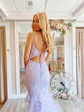 Lavender Lace Applique Mermaid Prom Dresses Spaghetti Strap V-Neck 24064-Prom Dresses-vigocouture-Lavender-Custom Size-vigocouture