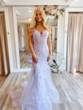 Lavender Lace Applique Mermaid Prom Dresses Spaghetti Strap V-Neck 24064-Prom Dresses-vigocouture-Lavender-Custom Size-vigocouture