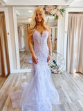 Lavender Lace Applique Mermaid Prom Dresses Spaghetti Strap V-Neck 24064