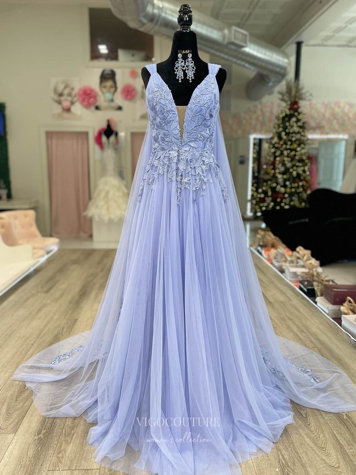 Lavender Lace Applique Prom Dresses Cape Sleeve Plunging V-Neck 24177-Prom Dresses-vigocouture-Lavender-Custom Size-vigocouture