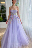 Lavender Lace Applique Prom Dresses Strapless Floral Formal Gown 24481