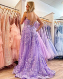 Lavender Lace Applique Prom Dresses with Slit Spaghetti Strap 24195-Prom Dresses-vigocouture-Lavender-Custom Size-vigocouture