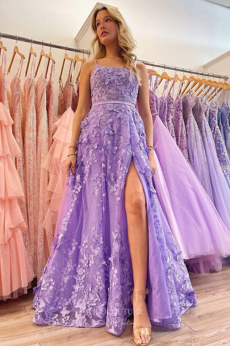 Lavender Lace Applique Prom Dresses with Slit Spaghetti Strap 24195-Prom Dresses-vigocouture-Lavender-Custom Size-vigocouture