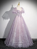 Lavender Puffed Sleeve Prom Dresses Wrinkled Tulle Beaded Lace Formal Dress 25073-Prom Dresses-vigocouture-Lavender-Custom Size-vigocouture