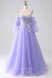 Lavender Removable Long Sleeve Prom Dresses Lace Applique Formal Gown 24538-Prom Dresses-vigocouture-Lavender-Custom Size-vigocouture