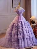 Lavender Ruffled Tiered Prom Dresses Off the Shoulder Quinceanera Dress 24381-Prom Dresses-vigocouture-Lavender-Custom Size-vigocouture