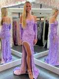 Lavender Sequin Mermaid Cheap Prom Dresses with Slit Removable Sleeve 24182-Prom Dresses-vigocouture-Lavender-Custom Size-vigocouture