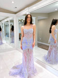 Lavender Sheer Lace Applique Prom Dresses Feather Spaghetti Strap 24090-Prom Dresses-vigocouture-Lavender-Custom Size-vigocouture