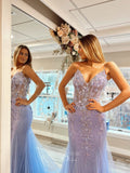 Lavender Sheer Mermaid Lace Applique Prom Dresses Spaghetti Strap Boned Bodice 24091-Prom Dresses-vigocouture-Lavender-Custom Size-vigocouture