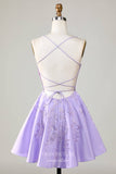 Lavender Spaghetti Strap Homecoming Dresses Lace Applique Back to School Dress hc416-Prom Dresses-vigocouture-Lavender-Custom Size-vigocouture