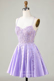 Lavender Spaghetti Strap Homecoming Dresses Lace Applique Back to School Dress hc416-Prom Dresses-vigocouture-Lavender-Custom Size-vigocouture