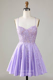 Lavender Spaghetti Strap Homecoming Dresses Lace Applique Back to School Dress hc416