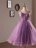 Lavender Starry Tulle Hoco 2024 Spaghetti Strap Back to School Dress hc351-Prom Dresses-vigocouture-Lavender-Custom Size-vigocouture