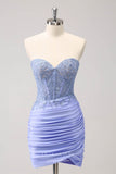 Lavender Strapless Lace Applique Homecoming Dresses Ruched Satin Bodycon Dress hc356